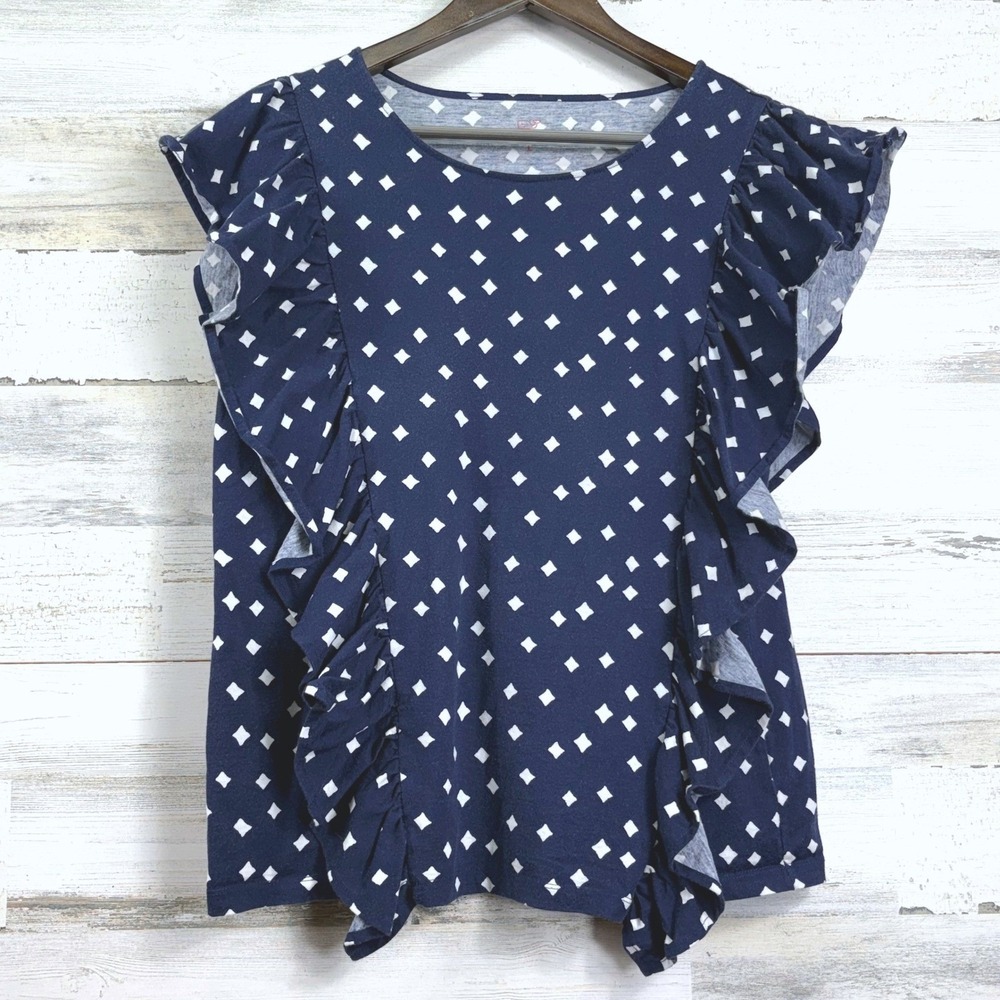 Vineyard Vines Womens Navy Blue White Diamond Ruffle Cap Sleeve Cotton Top L